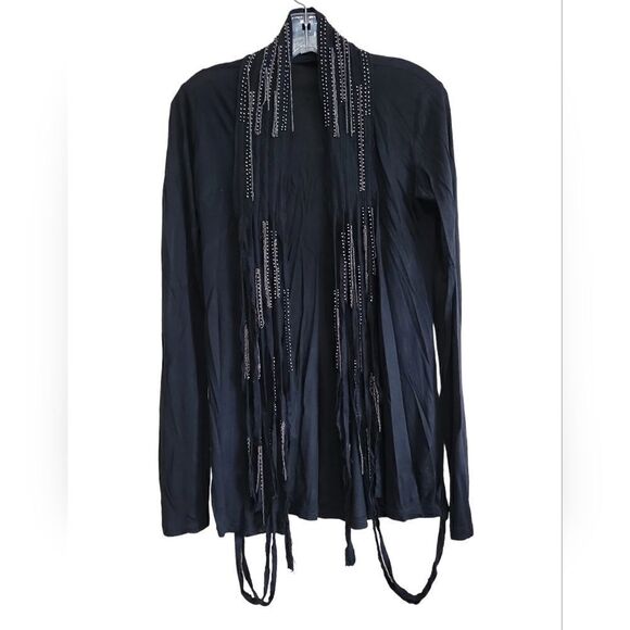 Vintage Havana Black Cardigan with Fringe Sz Small - Picture 1 of 7